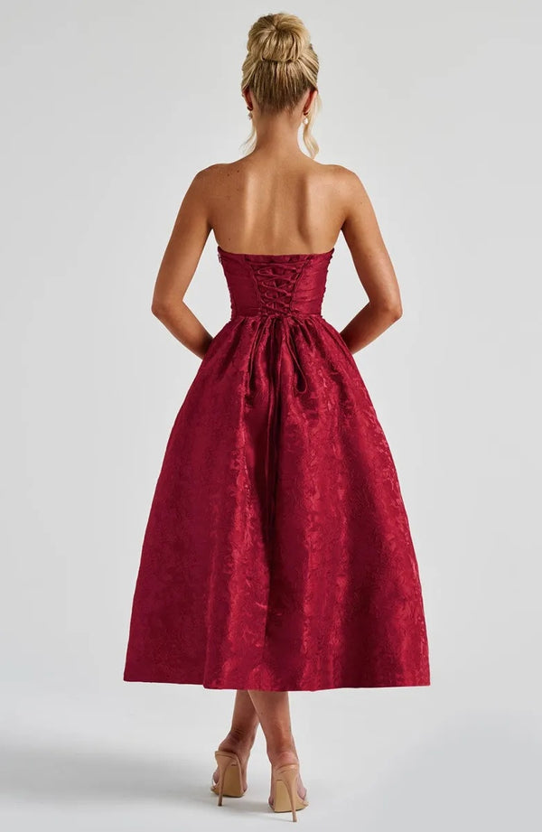A-Line Strapless Tea-Length Jacquard Prom Dresses