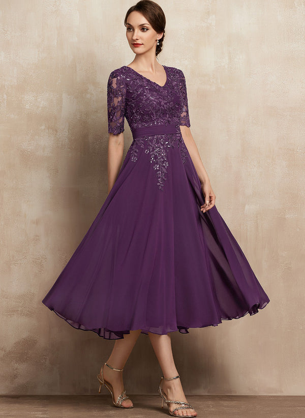 A-line V-Neck Tea-Length Lace Chiffon Mother of the Bride Dress With Sequins
