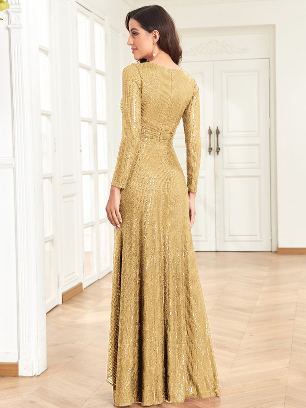 Sequin V-Neck Long Sleeves A-Line Floor Length Prom/Evening Dress