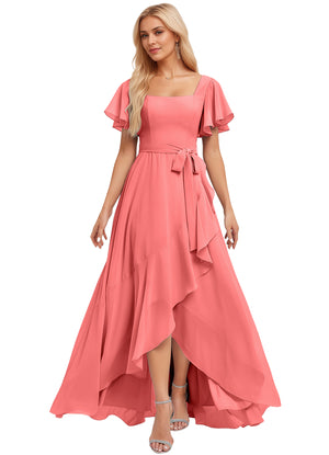 A-line Square-Neck Floor-Length Chiffon Bridesmaid Dress With Ruffle
