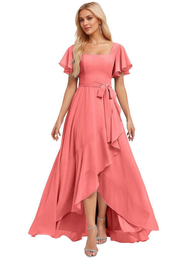 A-line Square-Neck Floor-Length Chiffon Bridesmaid Dress With Ruffle