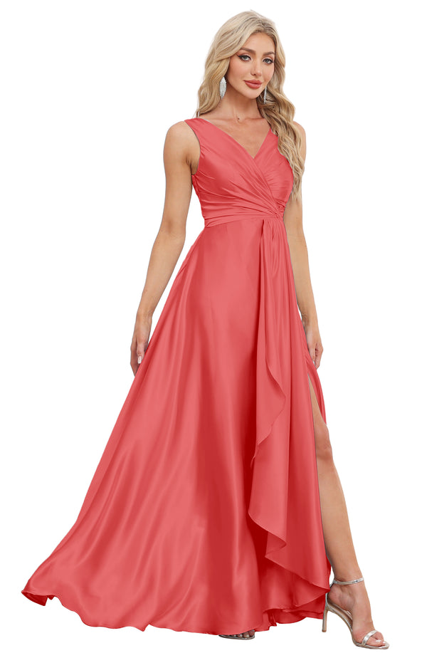 A-line V-Neck Floor-Length Satin Bridesmaid Dress