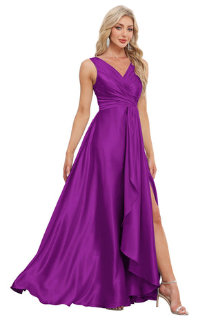 A-line V-Neck Floor-Length Satin Bridesmaid Dress