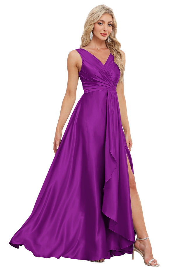 A-line V-Neck Floor-Length Satin Bridesmaid Dress