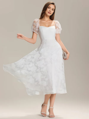 Square Puff Sleeve A-line Chiffon Jacquard Midi Dress
