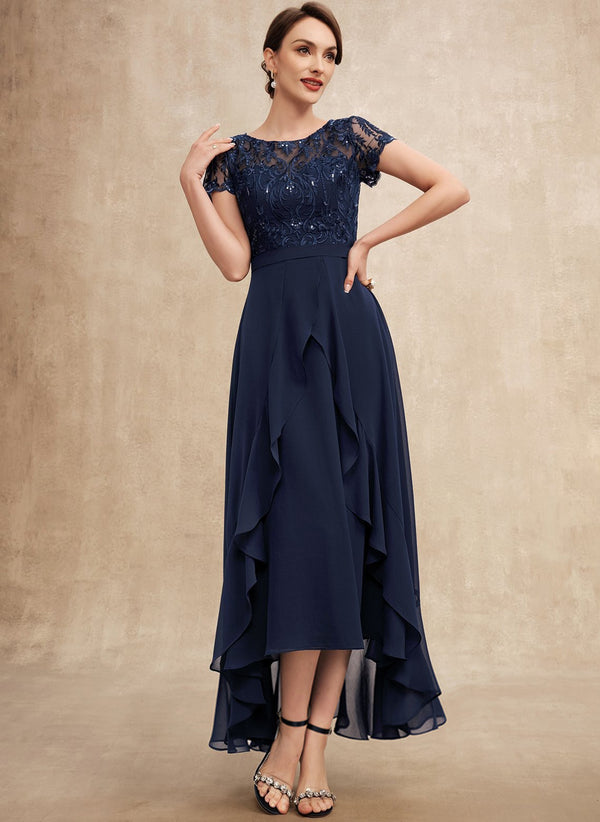 A-line Scoop Illusion Asymmetrical Chiffon Lace Mother of the Bride Dress With Ruffle Sequins Bow