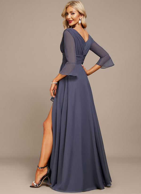 A-line V-Neck Floor-Length Chiffon Mother of the Bride Dress With Cascading Ruffles