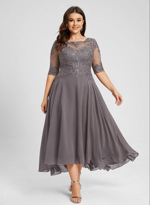 A-line Illusion Boat Neck Asymmetrical Chiffon Lace Mother of the Bride Dress With Sequins Beading