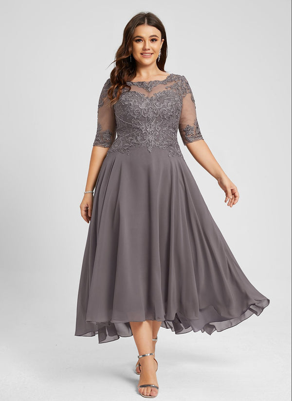 A-line Illusion Boat Neck Asymmetrical Chiffon Lace Mother of the Bride Dress With Sequins Beading