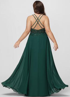 A-line V-Neck Floor-Length Chiffon Prom Dresses With Beading Sequins