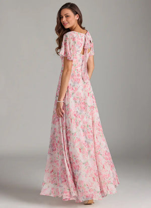 A-line V-Neck Floor-Length Chiffon Floral Bridesmaid Dress