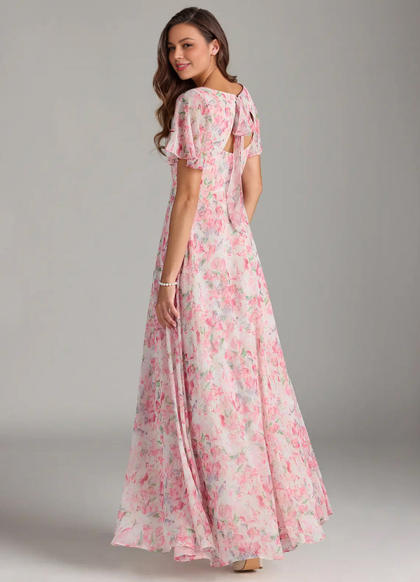 A-line V-Neck Floor-Length Chiffon Floral Bridesmaid Dress