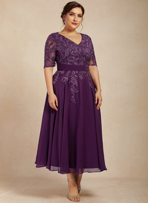 A-line V-Neck Tea-Length Lace Chiffon Mother of the Bride Dress With Sequins
