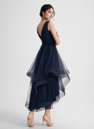 A-line V-Neck Asymmetrical Tulle Cocktail Dress With Cascading Ruffles Pleated