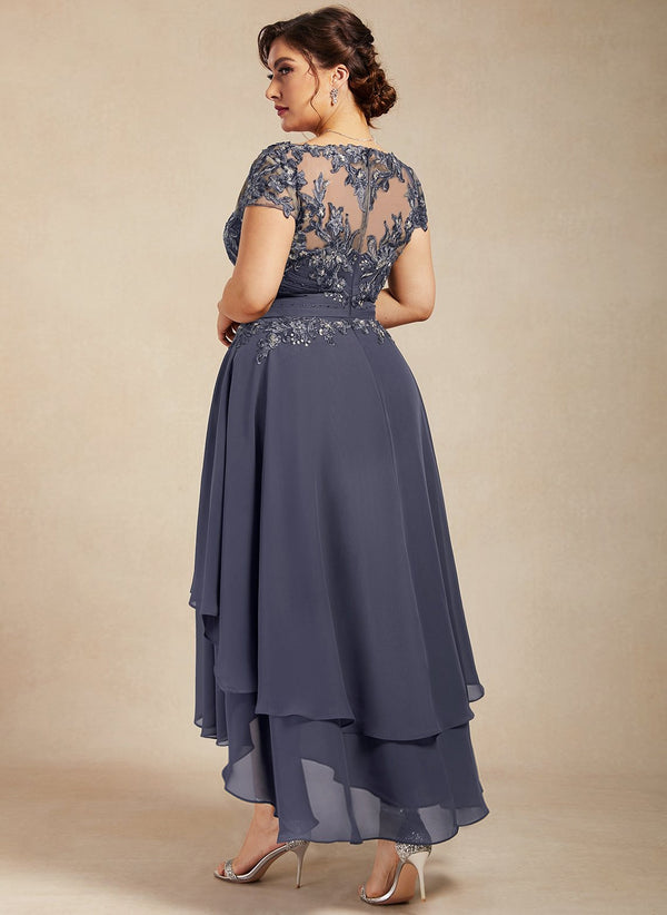 A-line Scoop Illusion Asymmetrical Chiffon Lace Mother of the Bride Dress With Beading