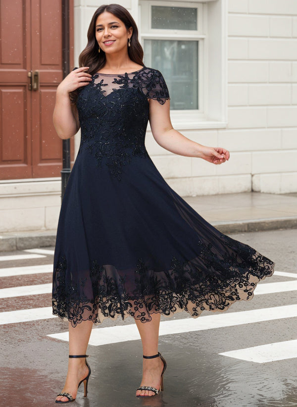 A-line Scoop Illusion Tea-Length Lace Chiffon Mother of the Bride Dress With Sequins