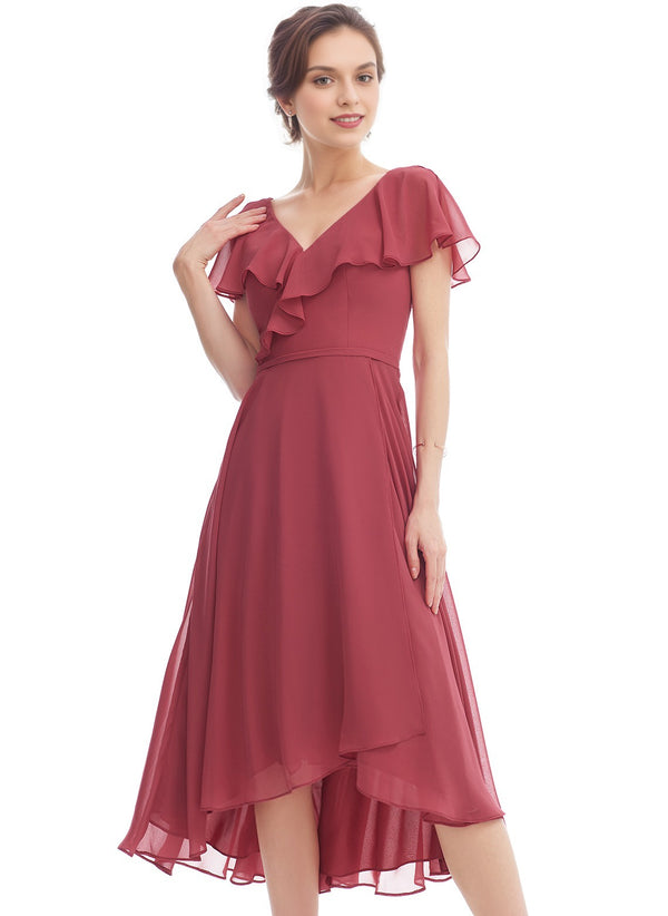 A-line V-Neck Asymmetrical Chiffon Bridesmaid Dress With Ruffle