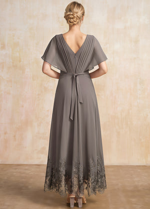 A-line Scoop Illusion Ankle-Length Lace Chiffon Mother of the Bride Dress With Sequins