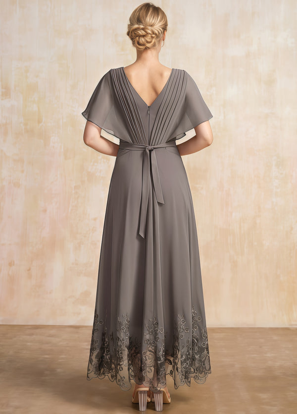 A-line Scoop Illusion Ankle-Length Lace Chiffon Mother of the Bride Dress With Sequins
