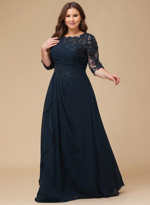 A-line Scoop Floor-Length Lace Chiffon Mother of the Bride Dress With Cascading Ruffles Sequins