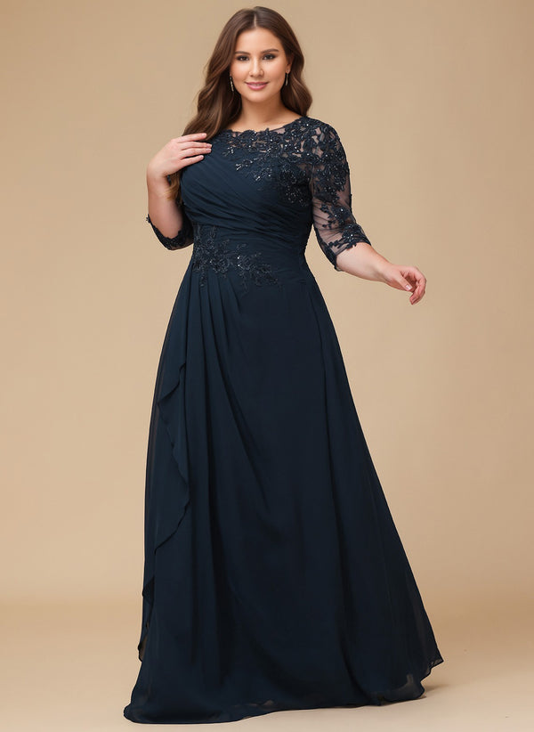 A-line Scoop Floor-Length Lace Chiffon Mother of the Bride Dress With Cascading Ruffles Sequins