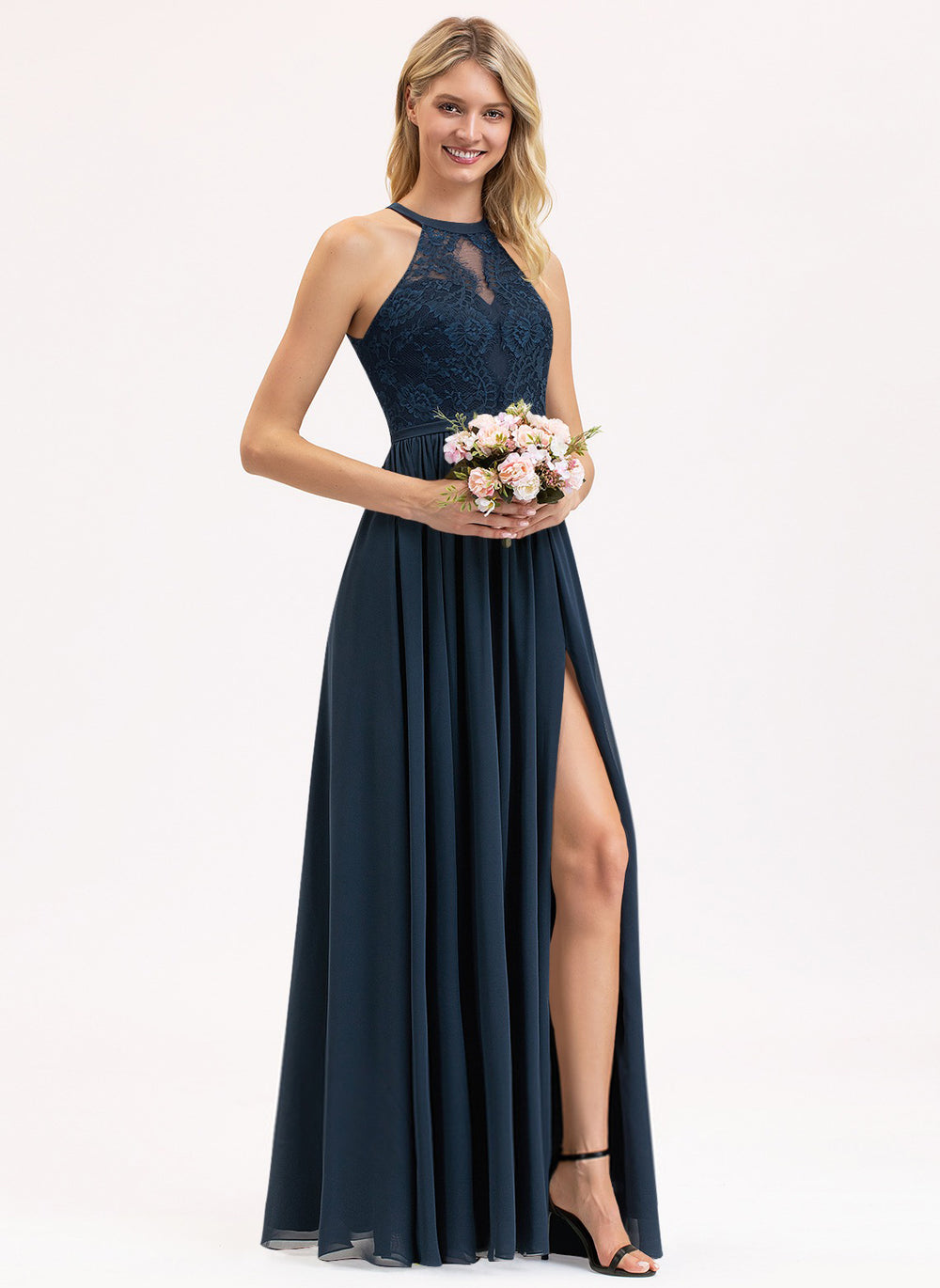 A-line Scoop Floor-Length Lace Chiffon Bridesmaid Dress
