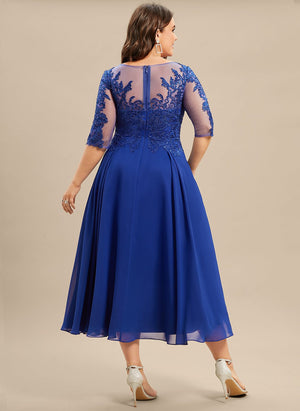 A-line Scoop Illusion Tea-Length Lace Chiffon Mother of the Bride Dress With Sequins