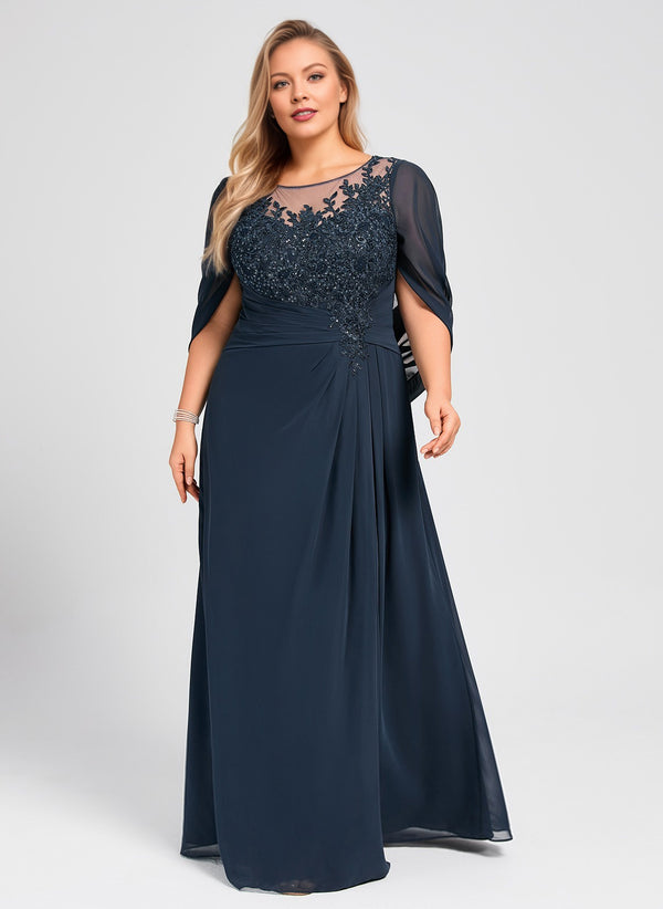 A-line Scoop Illusion Floor-Length Lace Chiffon Mother of the Bride Dress With Sequins Pleated