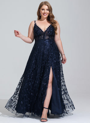 A-line V-Neck Floor-Length Lace Prom Dresses With Sequins