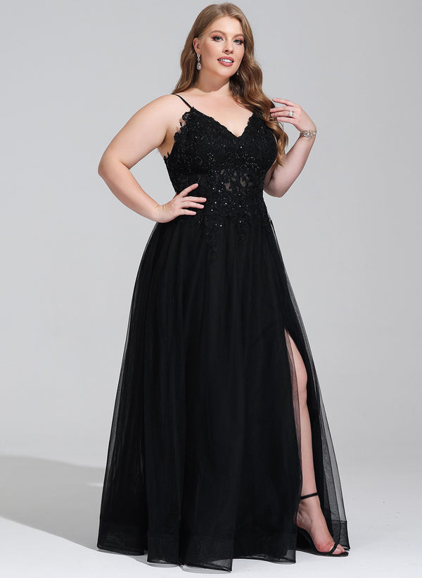 A-line V-Neck Floor-Length Tulle Prom Dresses