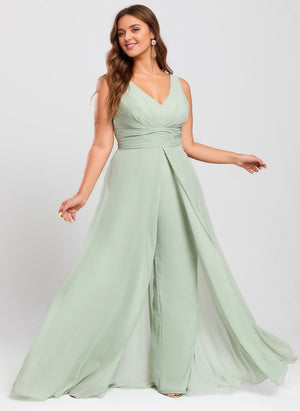 Jumpsuits V-Neck Floor-Length Chiffon Bridesmaid Dress With Ruffle