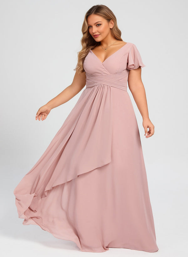 A-line V-Neck Floor-Length Chiffon Bridesmaid Dress With Ruffle
