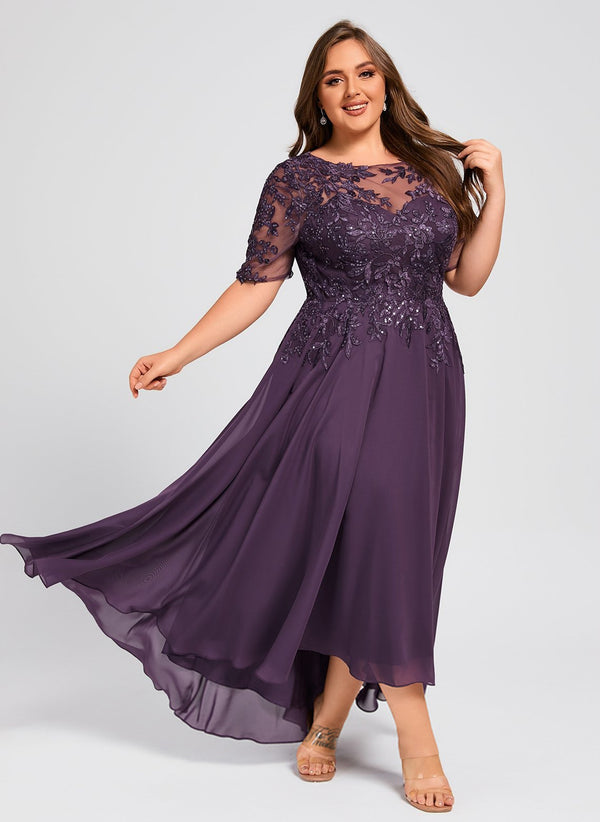 A-line Scoop Illusion Asymmetrical Lace Chiffon Mother of the Bride Dress With Sequins