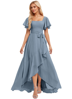 A-line Square-Neck Floor-Length Chiffon Bridesmaid Dress With Ruffle