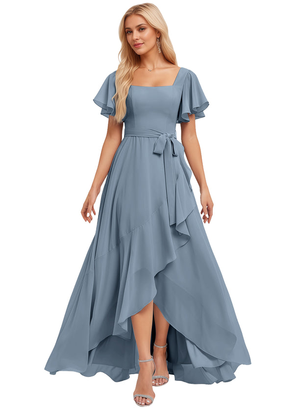 A-line Square-Neck Floor-Length Chiffon Bridesmaid Dress With Ruffle
