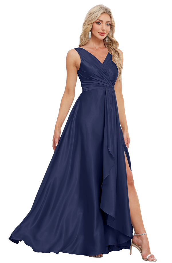 A-line V-Neck Floor-Length Satin Bridesmaid Dress