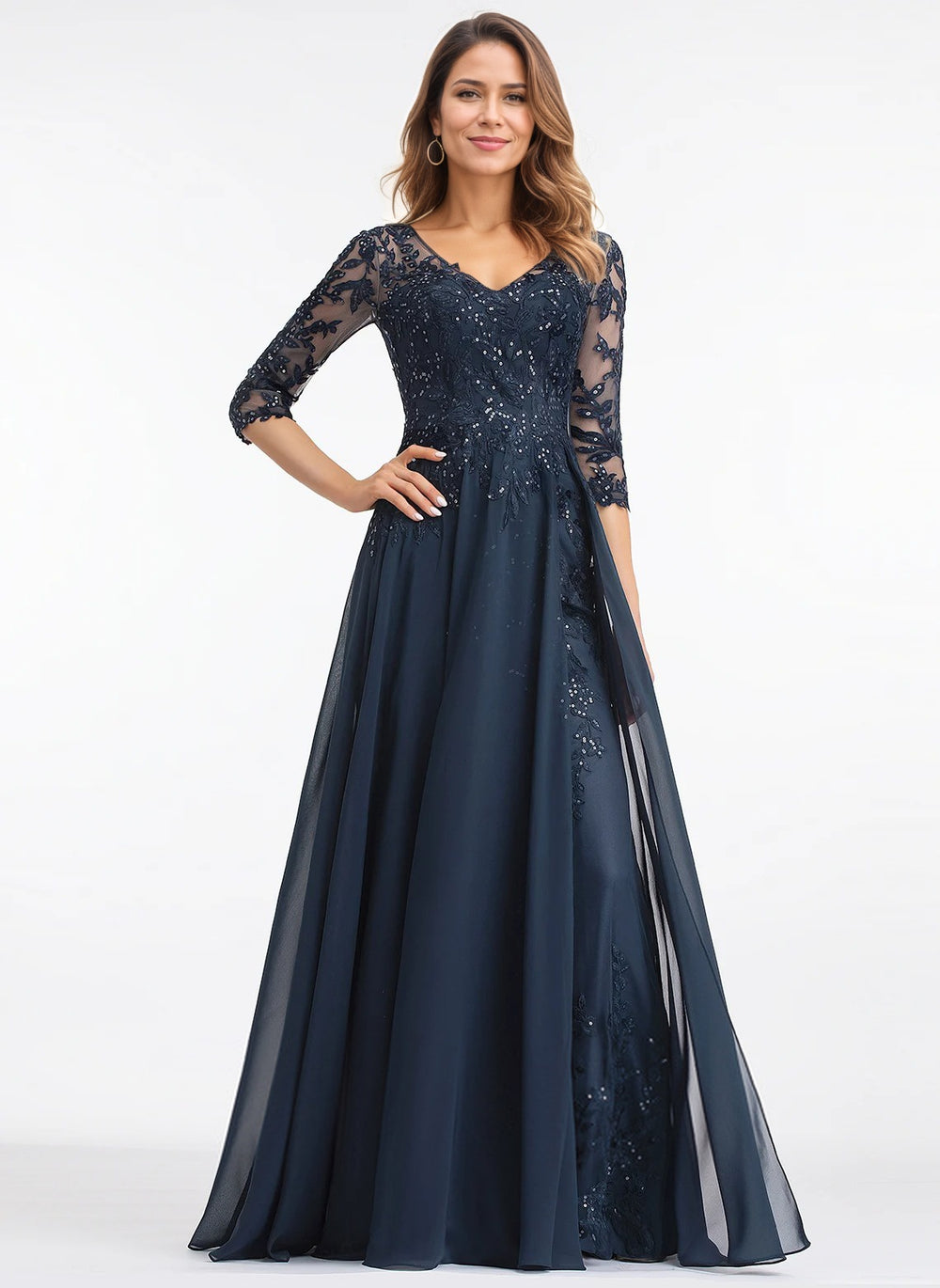 A-line V-Neck Floor-Length Lace Chiffon Mother of the Bride Dress With Sequins