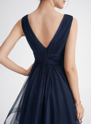 A-line V-Neck Asymmetrical Tulle Cocktail Dress With Cascading Ruffles Pleated