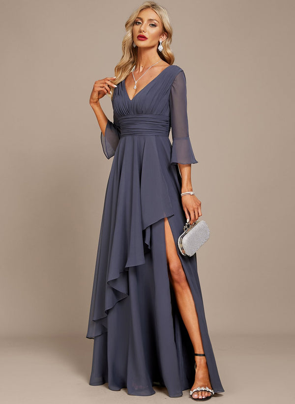 A-line V-Neck Floor-Length Chiffon Mother of the Bride Dress With Cascading Ruffles