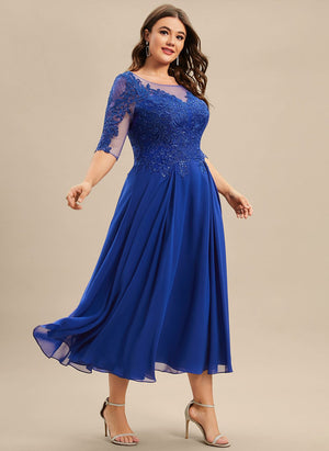 A-line Scoop Illusion Tea-Length Lace Chiffon Mother of the Bride Dress With Sequins