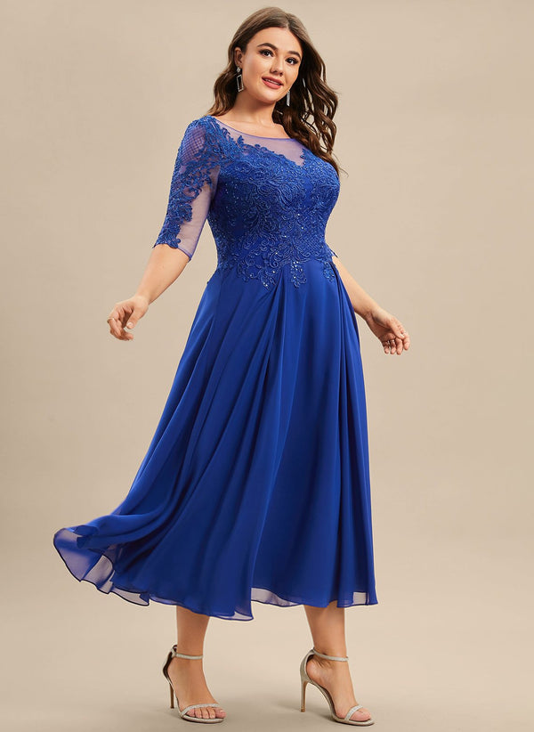 A-line Scoop Illusion Tea-Length Lace Chiffon Mother of the Bride Dress With Sequins