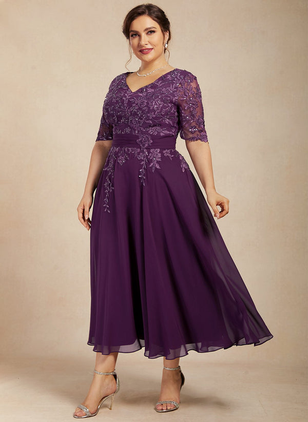 A-line V-Neck Tea-Length Lace Chiffon Mother of the Bride Dress With Sequins