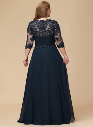 A-line Scoop Floor-Length Lace Chiffon Mother of the Bride Dress With Cascading Ruffles Sequins