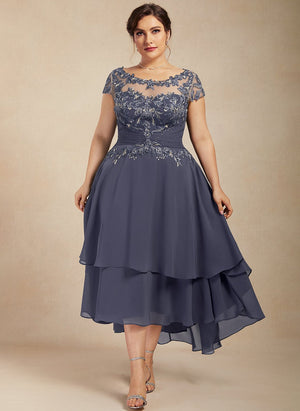 A-line Scoop Illusion Asymmetrical Chiffon Lace Mother of the Bride Dress With Beading