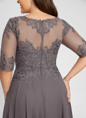 A-line Illusion Boat Neck Asymmetrical Chiffon Lace Mother of the Bride Dress With Sequins Beading