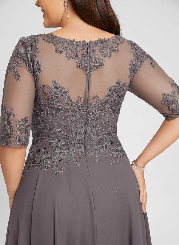 A-line Illusion Boat Neck Asymmetrical Chiffon Lace Mother of the Bride Dress With Sequins Beading