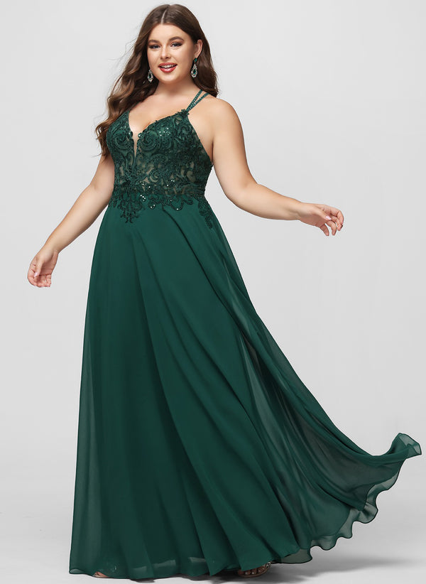 A-line V-Neck Floor-Length Chiffon Prom Dresses With Beading Sequins