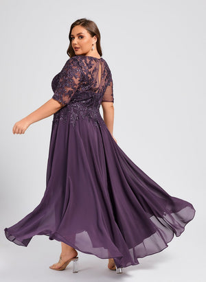 A-line Scoop Illusion Asymmetrical Lace Chiffon Mother of the Bride Dress With Sequins