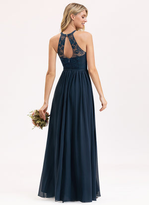A-line Scoop Floor-Length Lace Chiffon Bridesmaid Dress