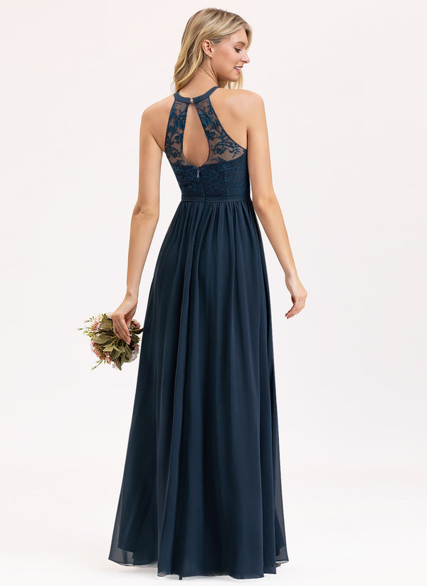 A-line Scoop Floor-Length Lace Chiffon Bridesmaid Dress